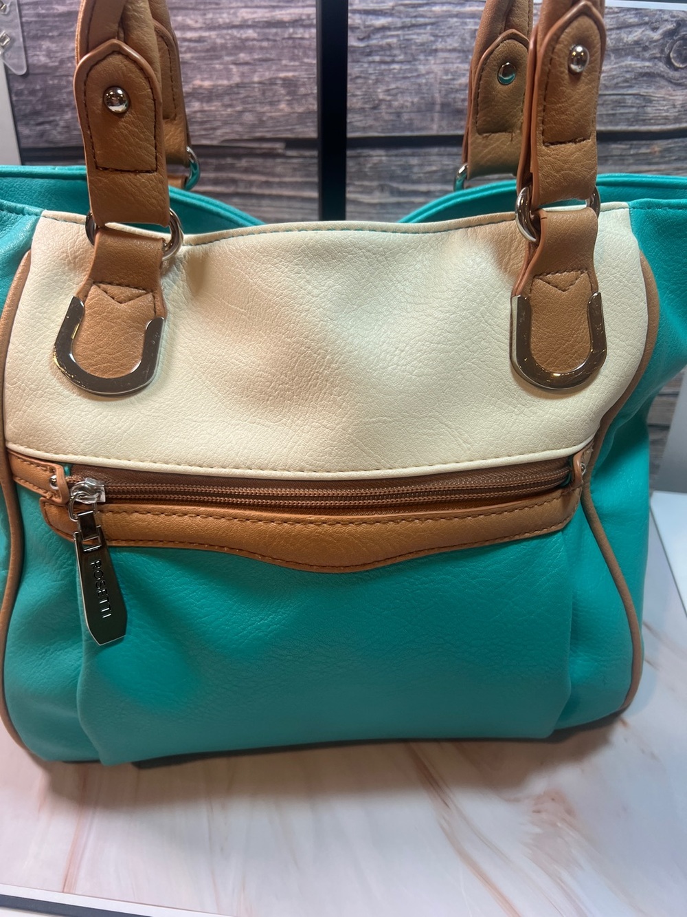 Rosetti Turquoise Cream Tan Braided Strap Shoulder Bag Tote Purse.